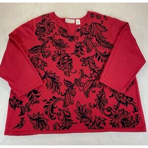 Alfred Dunner Red Sweater w/ Black Velvet Floral  Beaded V-Neck 3X Whimsygoth